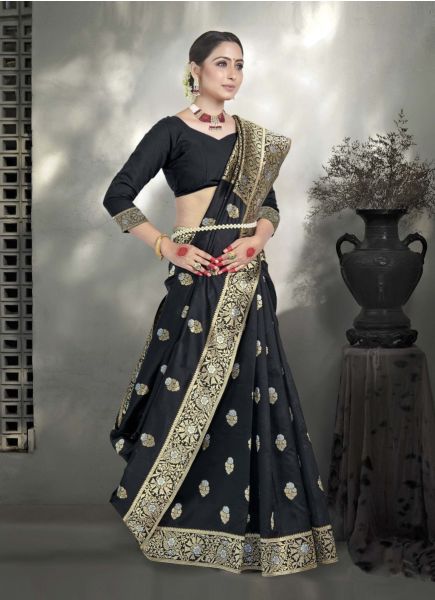 Black Kanjivaram Art Silk Weaving Festive-Wear Saree