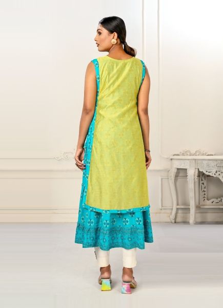 Lime Green & Aqua Cotton Printed Party-Wear Readymade Anarkali Kurti [With Chanderi Shrug]