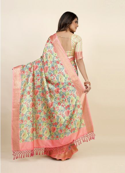 Multicolor Soft Dola Silk Digitally Printed Festive-Wear Saree With Jari Weaving