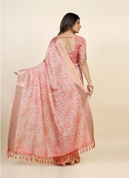 Pink Soft Dola Silk Digitally Printed Festive-Wear Saree With Jari Weaving