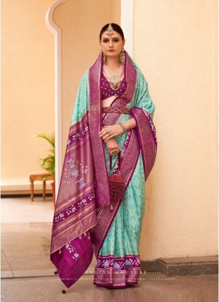 Light Teal Blue & Purple Patola Silk Printed Saree For Traditional / Religious Occasions
