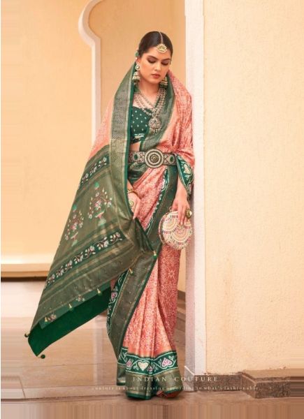 Salmon & Green Patola Silk Printed Saree For Traditional / Religious Occasions