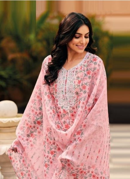 Pink Linen Office-Wear Straight-Cut Readymade Salwar Kameez