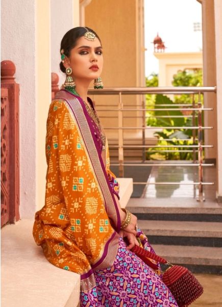 Orange & Purple Patola Silk Printed Saree For Traditional / Religious Occasions