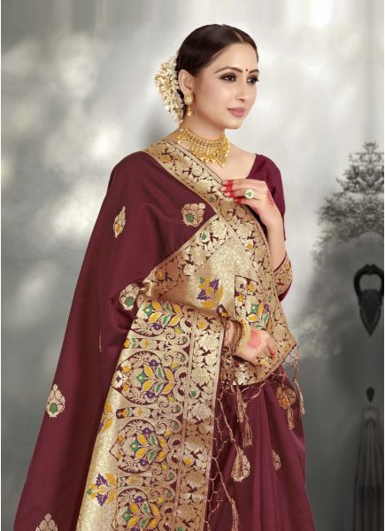 Maroon Kanjivaram Art Silk Weaving Festive-Wear Saree