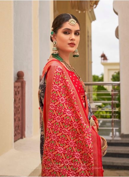 Gray & Red Patola Silk Printed Saree For Traditional / Religious Occasions