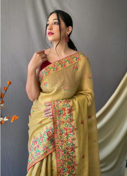 Yellow Tussar Silk Thread-Work Festive-Wear Saree