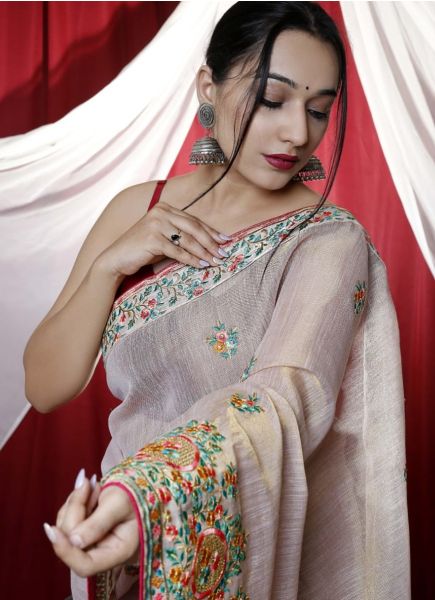 Light Lilac Tussar Silk Thread-Work Festive-Wear Saree