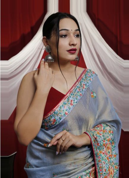 Sky Blue Tussar Silk Thread-Work Festive-Wear Saree