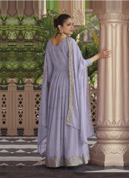 Light Lavender Georgette Embroidered Party-Wear Readymade Gown With Dupatta