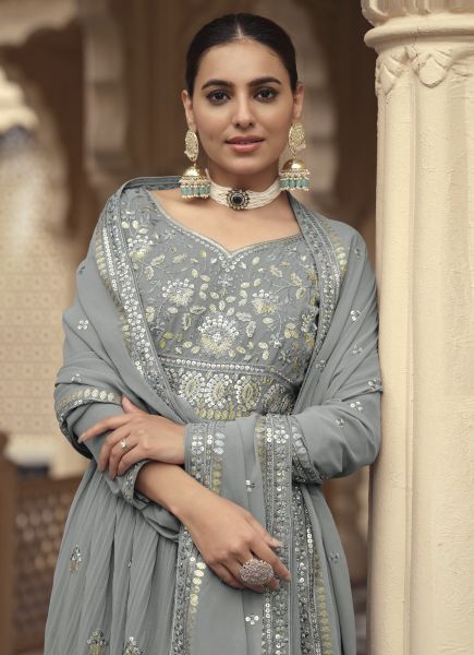 Gray Georgette Embroidered Party-Wear Readymade Gown With Dupatta