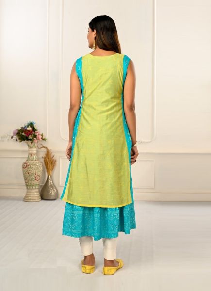 Light Green & Aqua Cotton Printed Party-Wear Readymade Anarkali Kurti [With Chanderi Shrug]