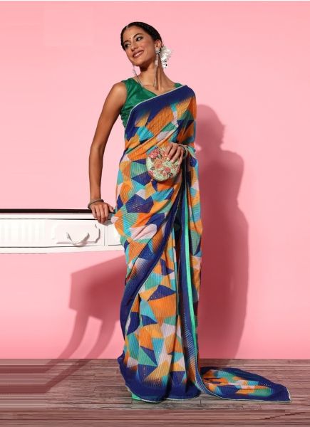 Multicolor Georgette Digitally Printed Sequins-Work Saree For Kitty Parties
