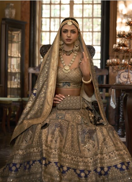 Gray & Light Brown Rajwadi Silk With Sparkle & Handwork Wedding-Wear Bridal Lehenga Choli