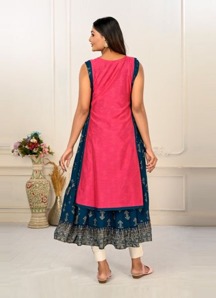 Dark Pink & Sea Blue Cotton Printed Party-Wear Readymade Anarkali Kurti [With Chanderi Shrug]