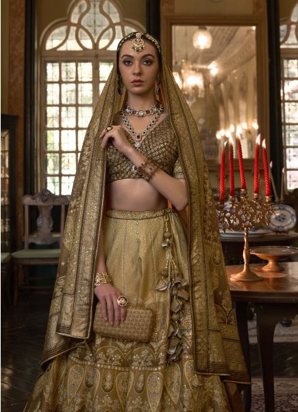 Golden Brown Rajwadi Silk With Sparkle & Handwork Wedding-Wear Bridal Lehenga Choli
