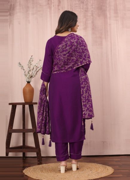 Purple Chinon Foil-Printed Festive-Wear Pant-Bottom Readymade Salwar Kameez