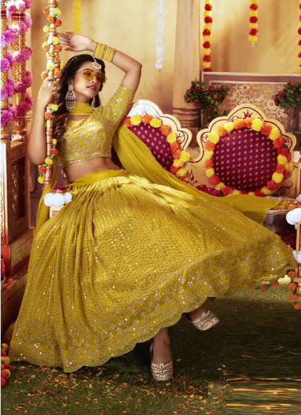 Mustard Yellow Georgette With Embroidery & Sequence Wedding-Wear Stylish Lehenga Choli (With Can-Can)