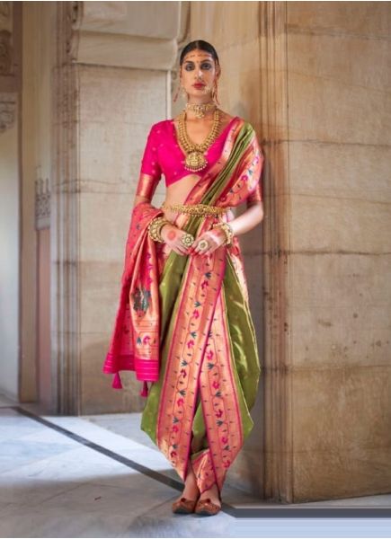 Olive Green & Magenta Weaving Festive-Wear Paithani Silk Saree