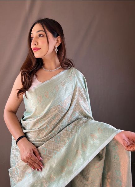 Light Blue Kanjivaram Woven Silk Festive-Wear Saree