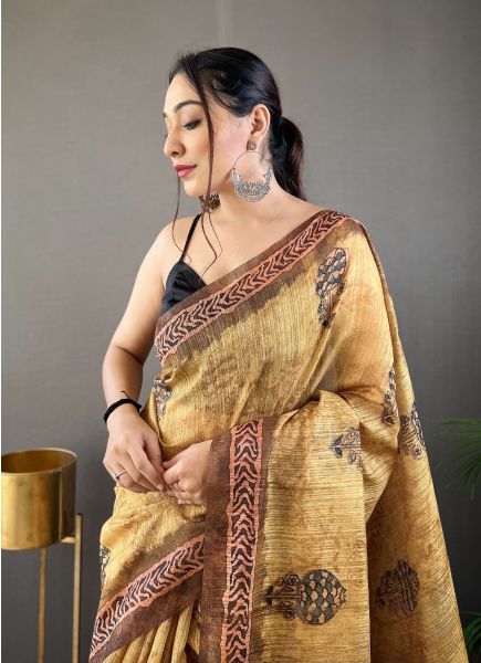 Mustard Yellow Cotton Tussar Silk Printed Saree For Traditional / Religious Occasions