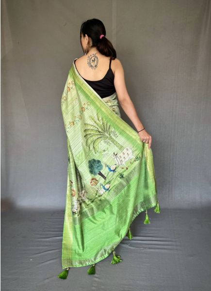 Light Green Tusser Silk Digital Printed Festive-Wear Saree