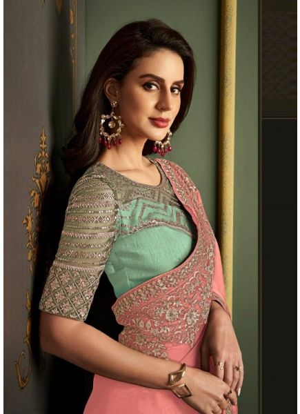 Salmon Pink Silk Embroidered Party-Wear Saree With Contrast Blouse