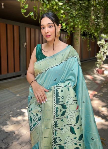 Light Blue Banarasi Silk Weaving Festive-Wear Saree