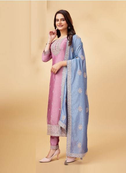 Pink Vichitra Woven Silk Straight-Cut Salwar Kameez For Traditional / Religious Occasions