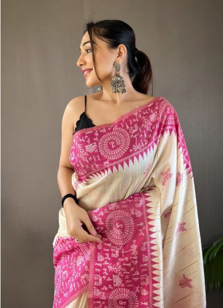 White & Magenta Woven Tusser Silk Saree For Traditional / Religious Occasions