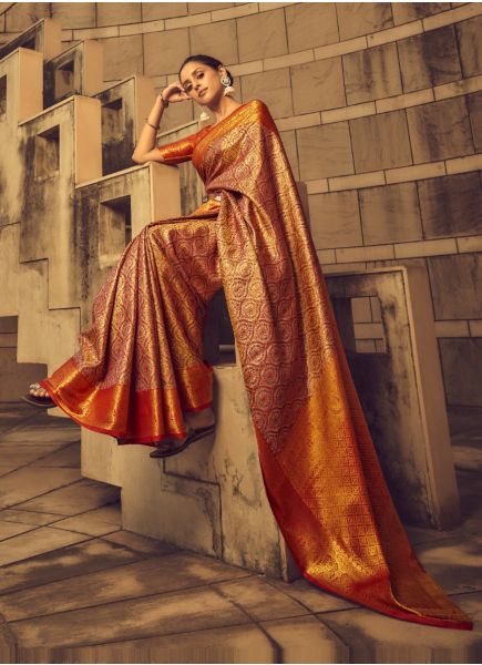 Orange Weaving Festive-Wear Banarasi Silk Saree