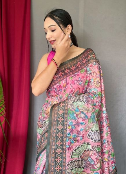 Pink Cotton Digital Printed Festive-Wear Kalamkari Saree