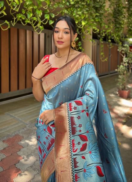 Steel Blue Banarasi Silk Weaving Festive-Wear Saree
