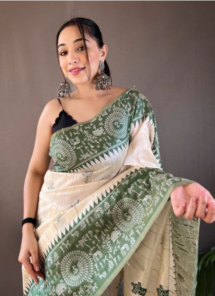 White & Green Woven Tusser Silk Saree For Traditional / Religious Occasions