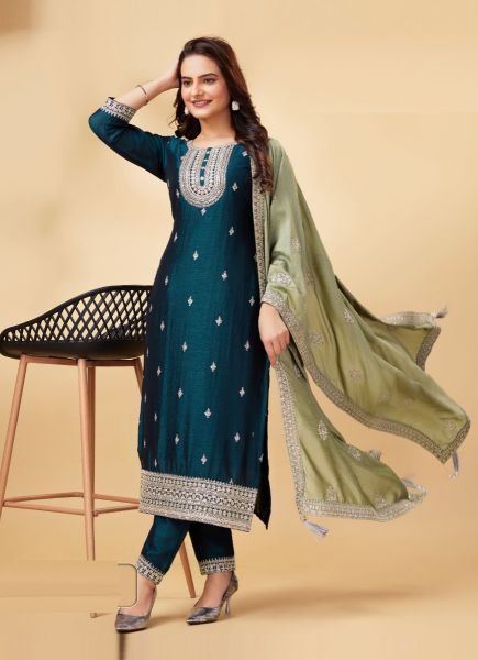 Sea Blue Vichitra Woven Silk Straight-Cut Salwar Kameez For Traditional / Religious Occasions