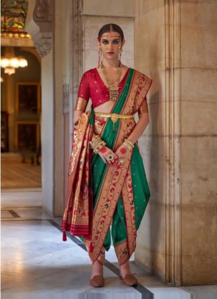 Green & Maroon Weaving Festive-Wear Paithani Silk Saree