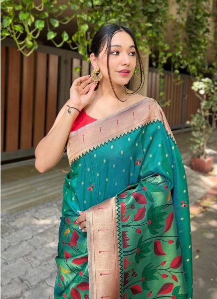 Teal Green Banarasi Silk Weaving Festive-Wear Saree