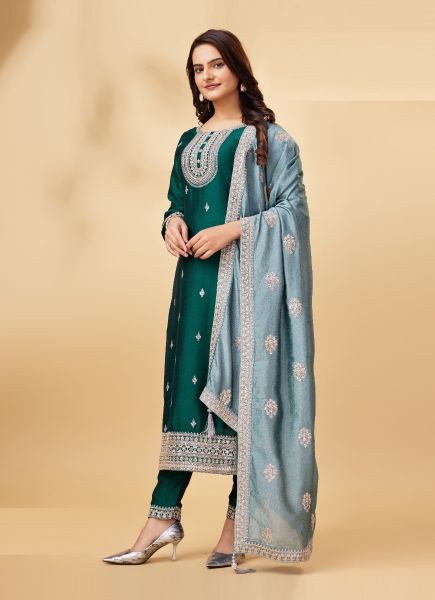Teal Green Vichitra Woven Silk Straight-Cut Salwar Kameez For Traditional / Religious Occasions