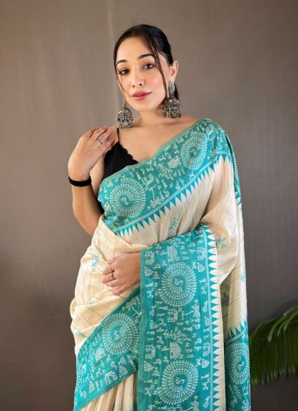 White & Aqua Woven Tusser Silk Saree For Traditional / Religious Occasions
