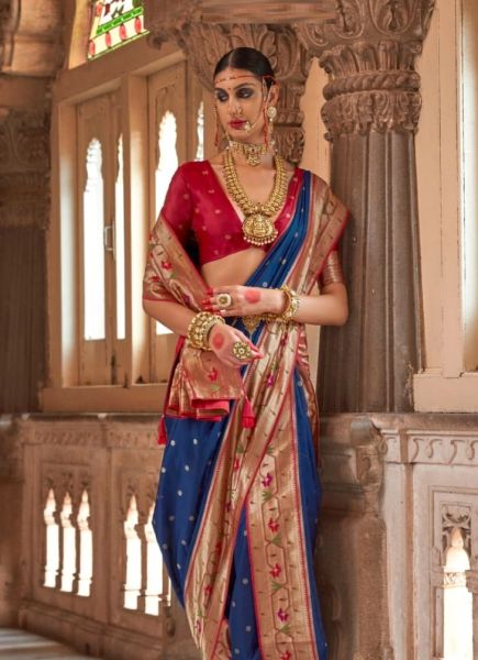 Blue & Maroon Weaving Festive-Wear Paithani Silk Saree