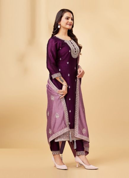 Purple Vichitra Woven Silk Straight-Cut Salwar Kameez For Traditional / Religious Occasions