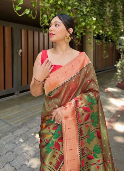 Olive Green & Red Banarasi Silk Weaving Festive-Wear Saree