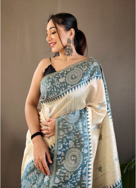 White & Steel Blue Woven Tusser Silk Saree For Traditional / Religious Occasions