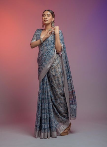 Steel Blue Linen-Cotton Digital Printed Saree With Zari Border