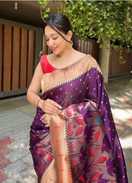 Dark Purple Banarasi Silk Weaving Festive-Wear Saree