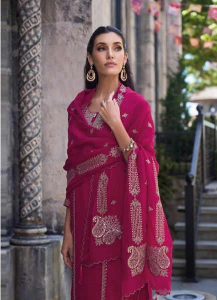 Purplish Red Organza Embroidered Festive-Wear Readymade Pant-Bottom Salwar Kameez