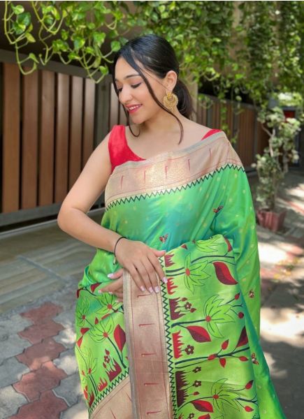 Parrot Green Banarasi Silk Weaving Festive-Wear Saree
