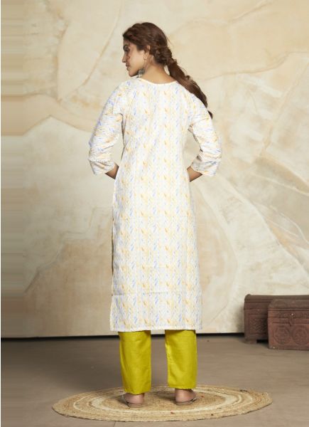 White & Yellow Cotton Blend Printed Office-Wear Pant-Bottom Readymade Salwar Kameez