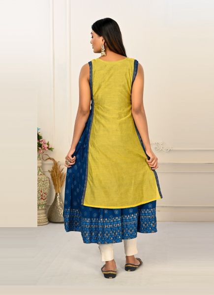 Lime Green & Blue Cotton Printed Party-Wear Readymade Anarkali Kurti [With Chanderi Shrug]