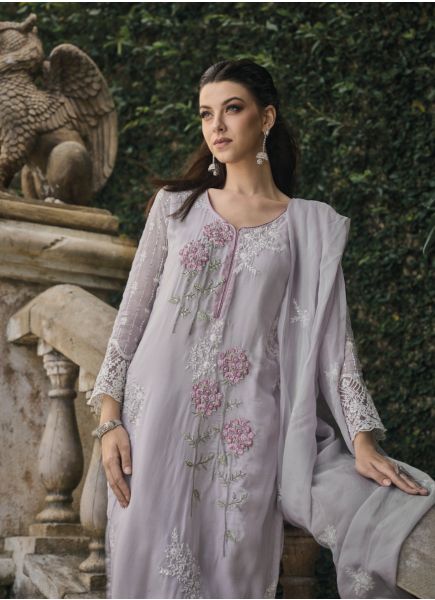 Light Lilac Soft Organza Thread-Work Party-Wear Readymade Pakistani Salwar Kameez